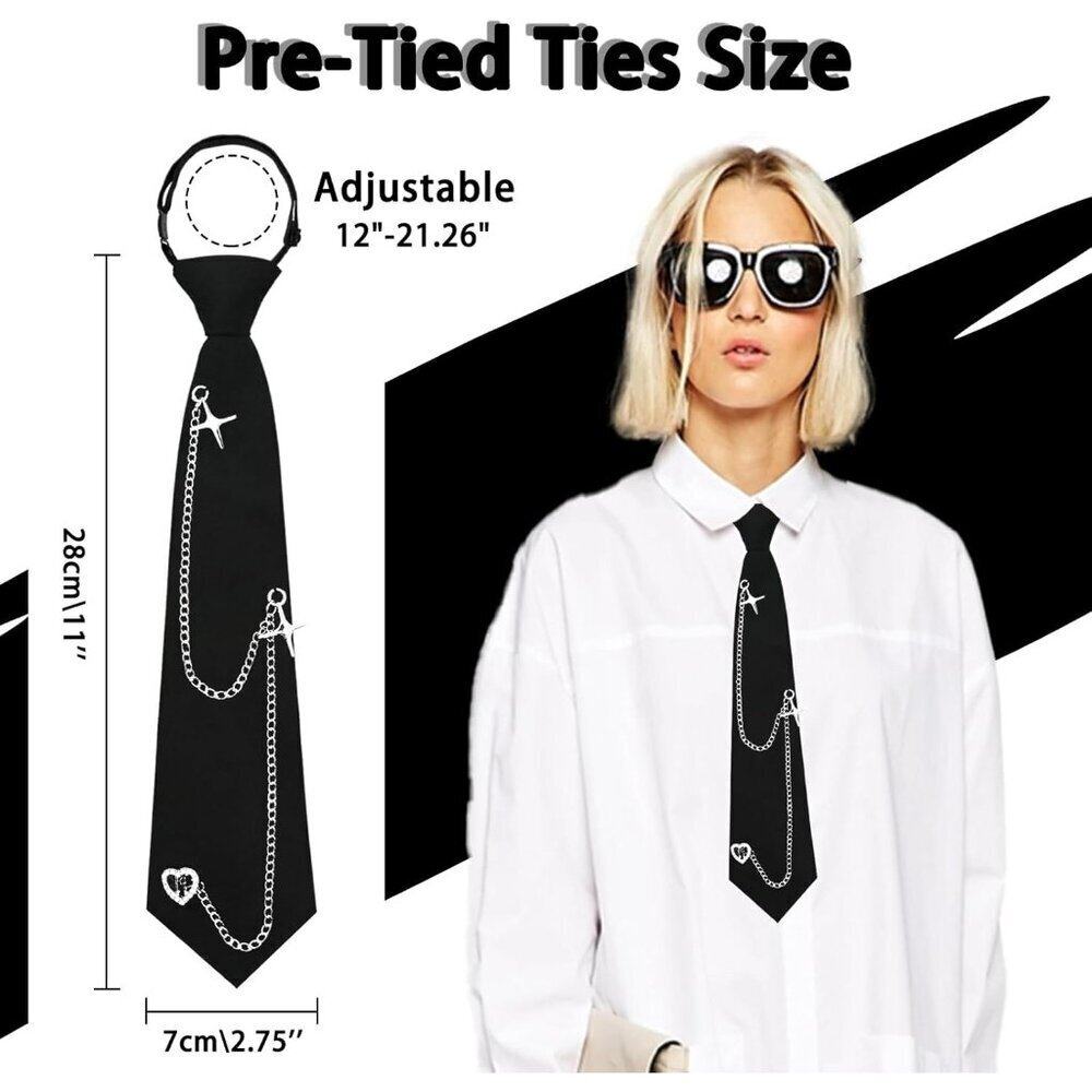 Women’s Pre-Tied Black Polyester Punk Chain Tie Accessory for School and Parties - Picture 4 of 6